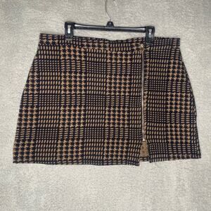 Asos womens 14 herringbone black mini skirt zip front knit geometric stretch